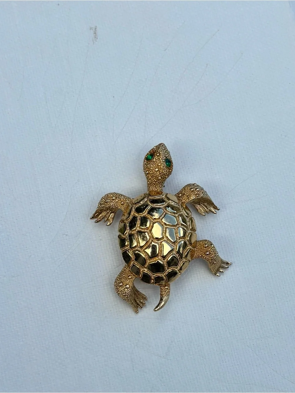 Monet Gold Turtle Brooch with Green Stone Eyes